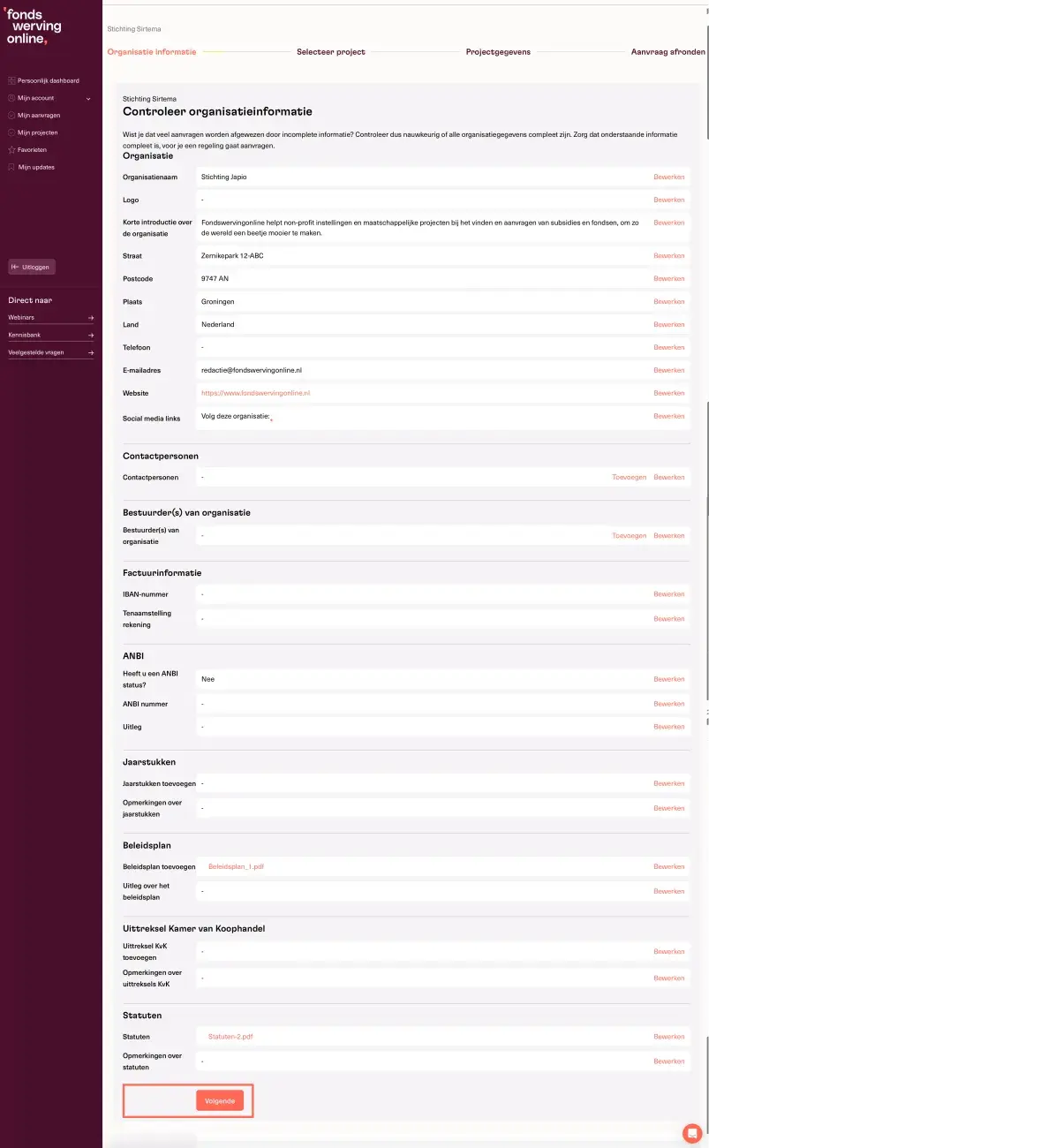 Organisatie-informatie controleren